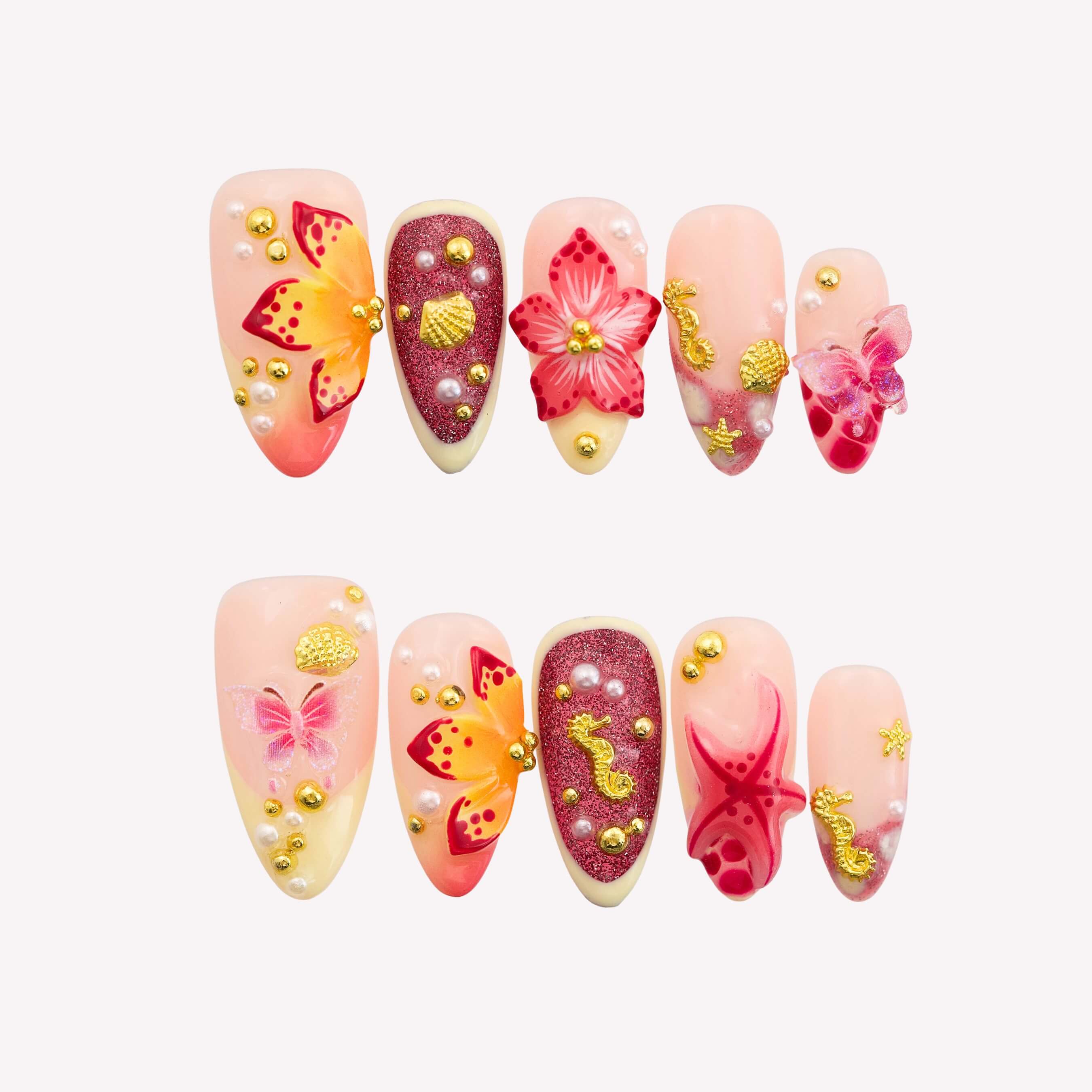 Coral Blossom Tropical Floral Press On Nails